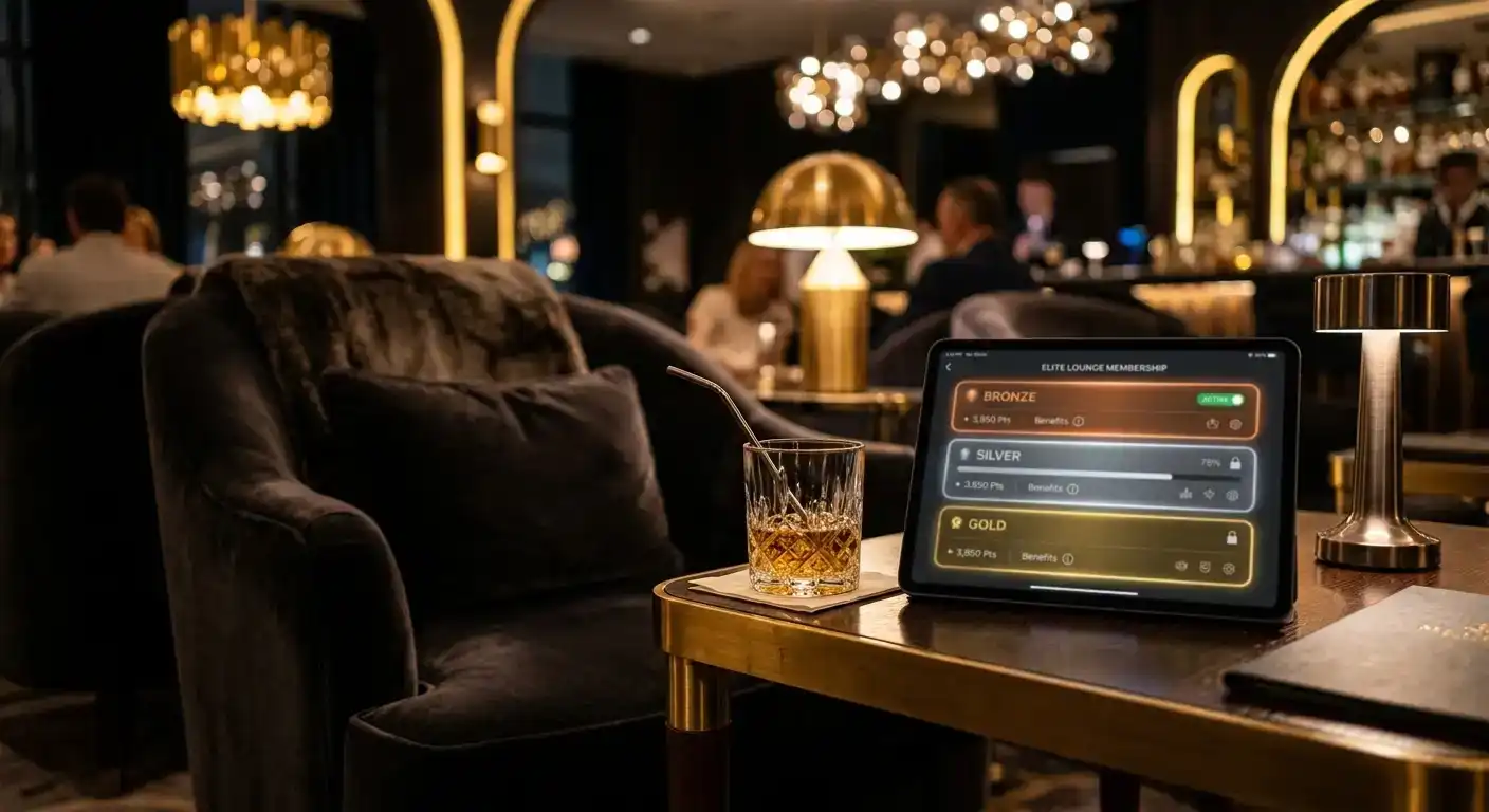 Elegant VIP lounge setting with tiered loyalty programme status levels displayed on a screen